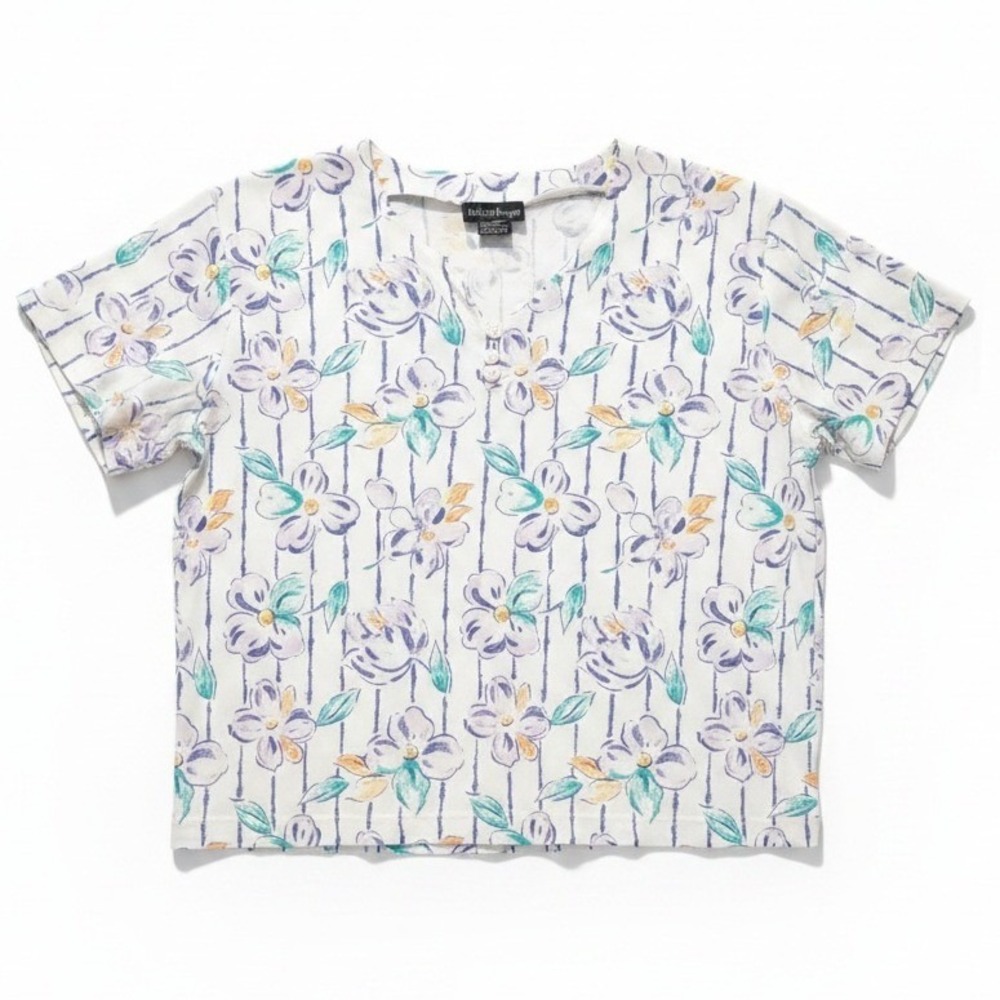 Ashleigh Morgan Floral Stripe Split Neck Short‎ Sleeve Knit Top, Women's Large